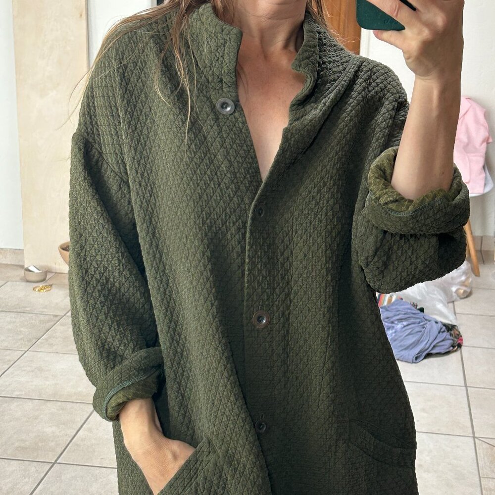 Artisan Olive Green Quilted Textured Button Jacket Oversized Cozy Lagenlook M